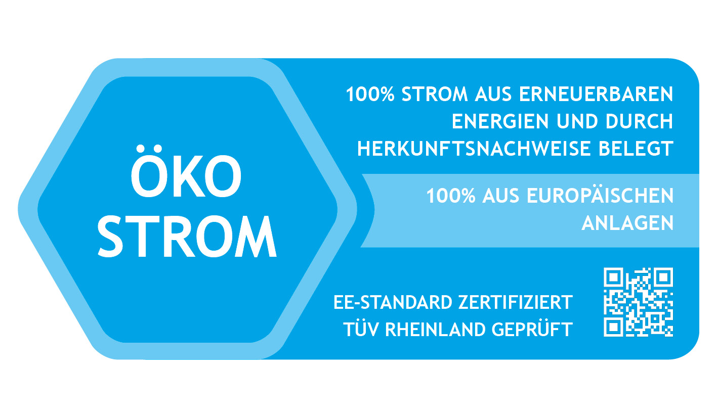 Ökostrom-Siegel: 100 % Strom aus erneuerbaren Energien, durch Herkunftsnachweise belegt
